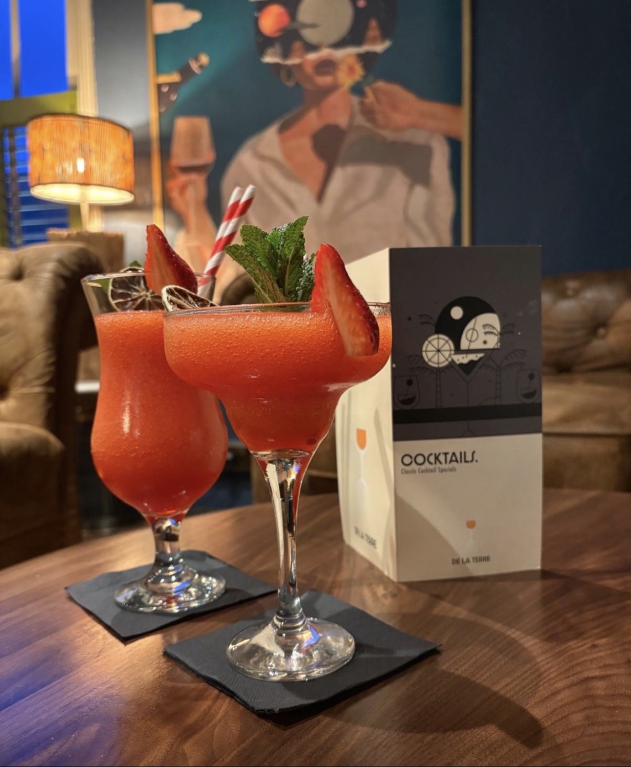 Two strawberry cocktails in the De La Terre cocktail lounge